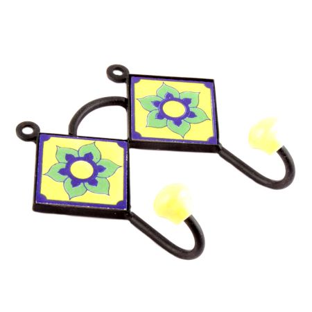 Yellow Navy Blue Flower Tiles Hooks